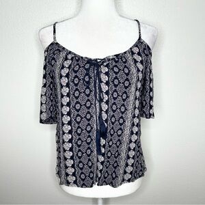 Patrons of Peace Womens Navy & Gray Cold Shoulder Tassel-Tie Boho Top Size S